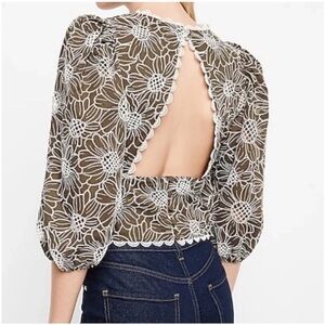 NEW! Express Embroidered Eyelet Cutout Cropped Blouse Olive Green/Brown Size L